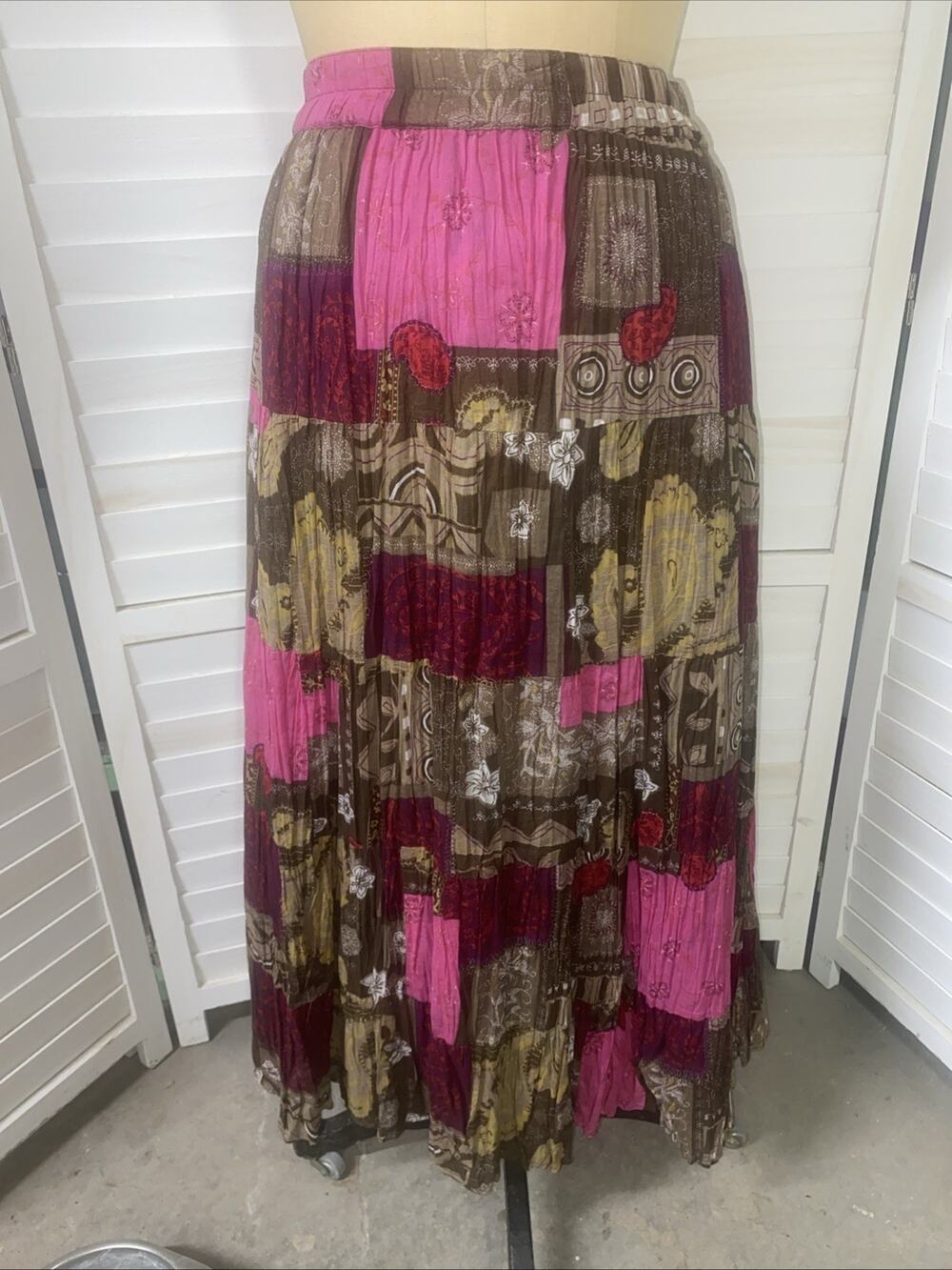 Style & Co Crinkle Skirt Sz 14P Tiered Boho Maxi Festival Petite Pink Brown